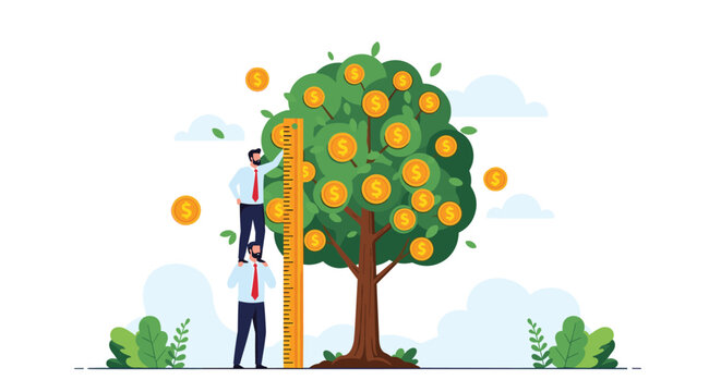 Collaborative businessmen using a large wooden ruler to measure the height of a lush money tree filled with gold coins.