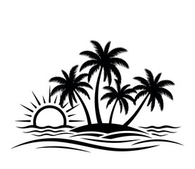 Fototapeta premium Black silhouette of a tropical island with four palm trees and a rising sun over ocean waves isolated on a white background