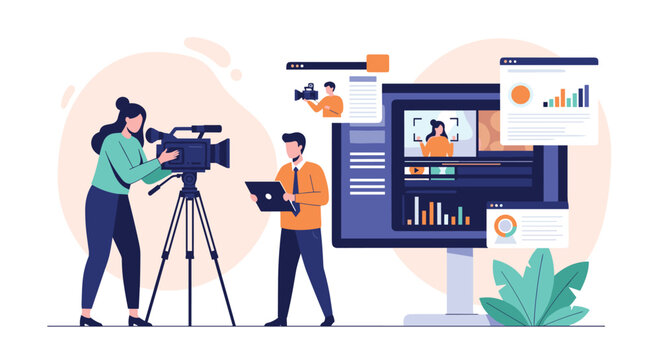 Professional film production team using a large camera and computer screens to record and edit high-quality video content.
