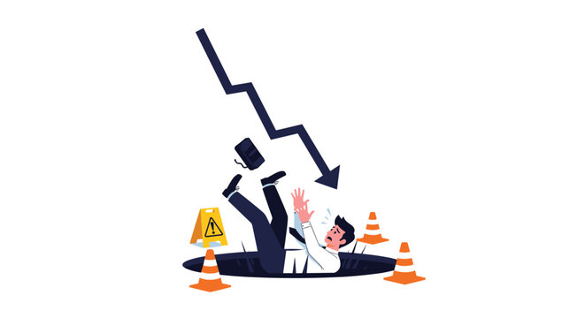 Terrified businessman falling into a deep dark hole in the ground as a sharp black arrow points downward to indicate failure.