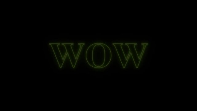 Neon green wow text sign glowing on black background, modern digital typography animation for social media marketing