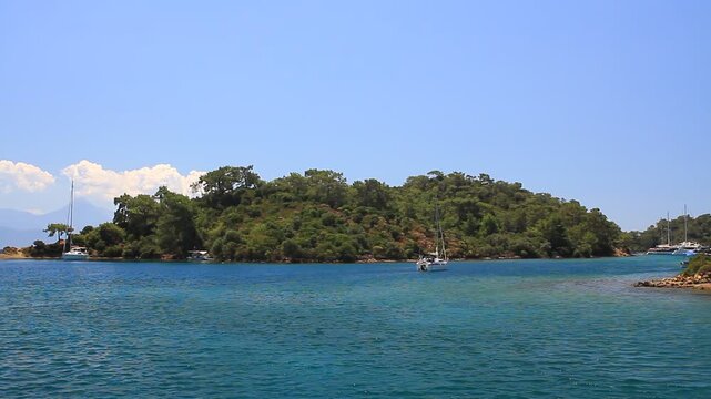 Sailboats anchored around a pine-covered islet in Gocek bay during Blue Voyage cruise, Mugla, Turkey