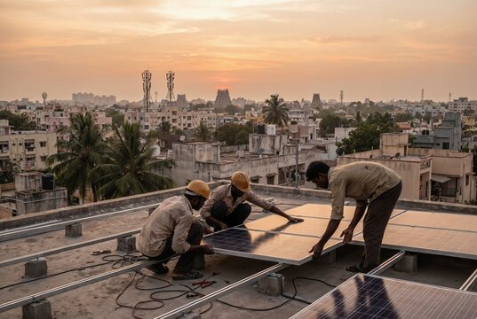 Solar Panel Installation on Urban Rooftop at Sunset