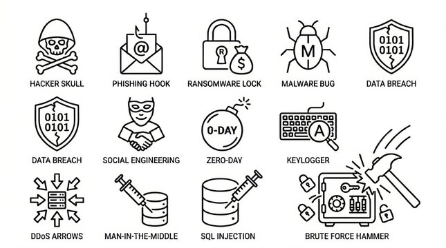 Collection of Cybersecurity Icons Showing Various Threats and Defense Mechanisms Related to Hacking and Data Protection
