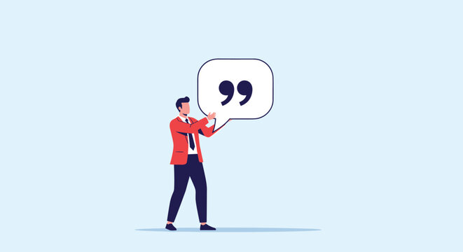 Professional man in a red suit stands holding a large white speech bubble containing double quotation marks for message or statement.