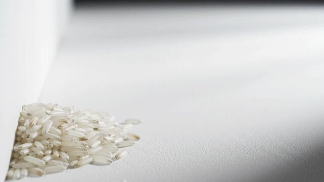 Small handful rice grains in corner on pure white background extreme negative space