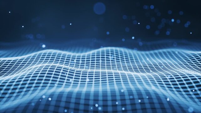 Abstract digital grid surface with glowing particles and bokeh effects in deep blue tones representing data flow and connectivity