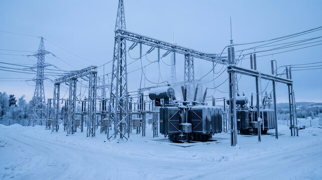Electrical substation covered in snow during winter with frost on high voltage equipment and towers