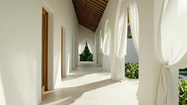 Sunwashed arcade with flowing curtains and deep shade demonstrating passive cooling, daylight moderation, breezy circulation, and serene low-energy resort architecture rooted in tropical comfort
