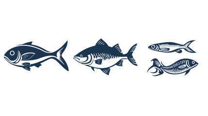 Obraz premium Four stylized illustrations of fish in a monochromatic palette of dark blue against a white background