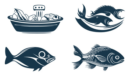 Obraz premium Four dark navy vector illustrations on a white background a bowl, and three fish designs