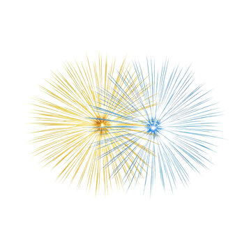 Ultra-realistic, top-down photo of golden-yellow and light blue ethereal firework bursts with intricate radiating lines, overlapping against transparent copy space. Abstract celebration concept