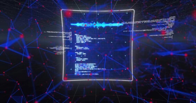 Abstract digital network with glowing nodes and data streams, featuring a futuristic interface with charts and graphs