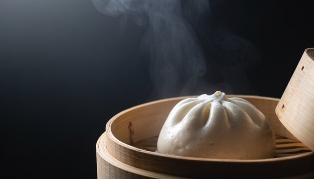 Steaming Chinese Baozi Dumplings in Bamboo Steamer Rising Vapor on Black Background for Restaurant Menu, Asian Cuisine Advertising, Street Food Branding, Comfort Food Appeal