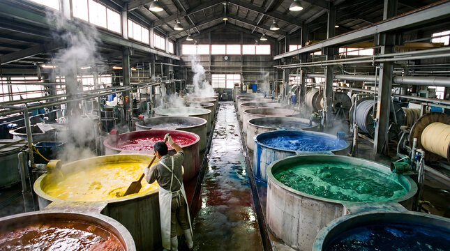 Worker stirring colorful dye vats in textile factory