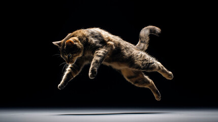 Obraz premium cat jumping mid air isolated on black background dynamic motion freeze with strong lighting and shadow playful action scene with copyspace concept of agility energy and pet lifestyle industry