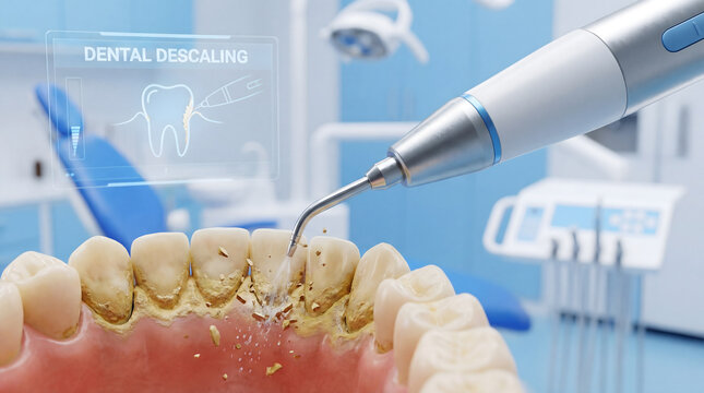 Dental descaling removing calculus and plaque from teeth