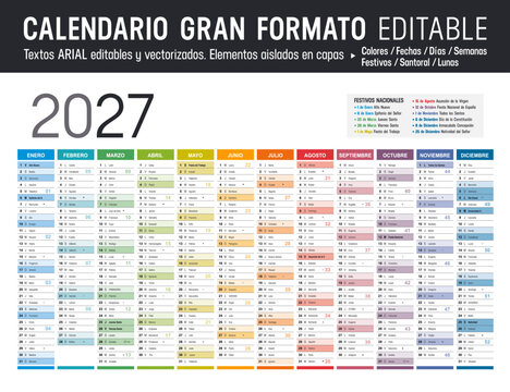 Calendario 2027 Espa&ntilde;ol gran formato editable, Espa&ntilde;a planificador anual horizontal vectorial con Festivos y Santoral
