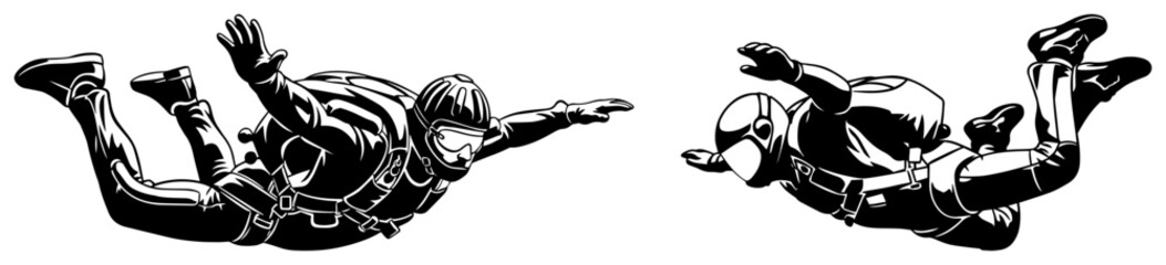Skydivers in Freefall Illustration, Extreme Sport Parachuting Silhouettes, Adrenaline Jumping and Skydiving Action Graphic Set © Luka