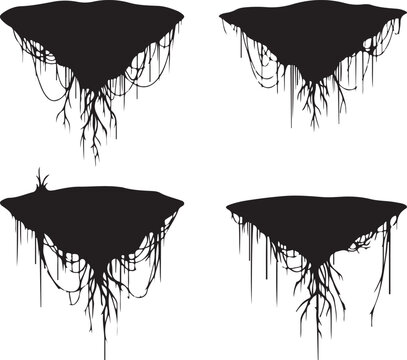 Four stylized, black, silhouette illustrations of floating islands with hanging roots, presented in a 2x2 grid, evoking a sense of fantasy and nature