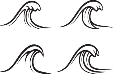 Obraz premium A collection of four diverse stylized black and white vector illustrations showcasing dynamic ocean waves, perfect as graphic design elements for water and sea-related themes