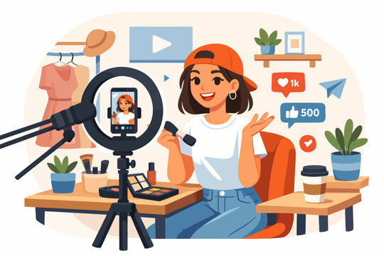 Young hispanic female influencer filming makeup tutorial in home studio