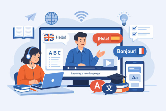 Diverse language learning online scene with asian female and caucasian male engaging in multilingual education
