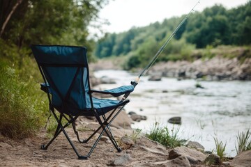 Fototapeta premium Fishing chair sits by river with rod ready for outdoor fun, ideal setup for leisure and nature enjoyment