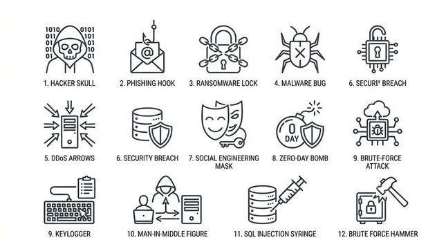 Various Cybersecurity Icons Showing Threats and Vulnerabilities in Digital Environments Including Hacking and Data Breaches