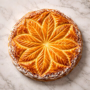 Golden galette des rois with elegant leaf pattern on top