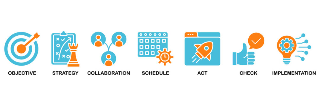 Action plan icon set Aqua Orange Flat concept for objective, strategy, collaboration, schedule, act, launch, check, and implementation