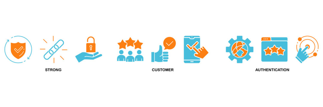 SCA icon set Aqua Orange Flat concept for strong customer authentication with icon of connection, security, application, login, and password verification
