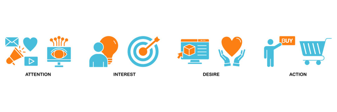 AIDA icon set Aqua Orange Flat concept for attention interest desire action with icon of promotion, target, vision, store, ecommerce, and buying