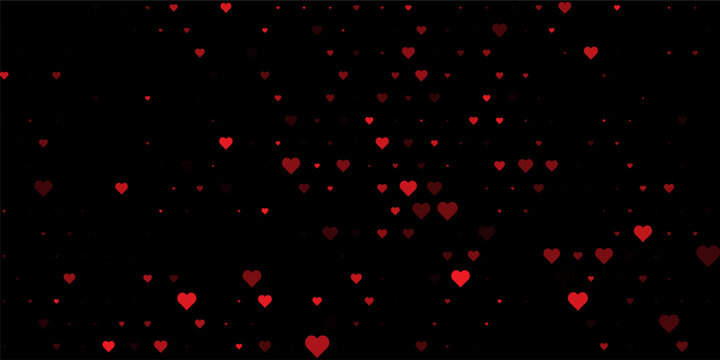 Red heart halftone pattern on black background, abstract vector design with scattered romantic shapes, creative minimalist texture for  wedding decor, and love themes