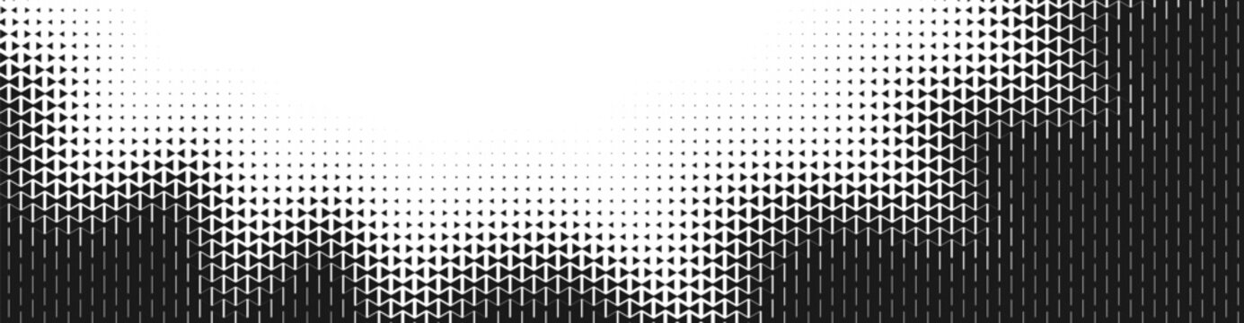 Abstract black triangle halftone pattern background, geometric vector design with fading triangular shapes, creative minimalist texture for modern branding, tech flyers, and web headers