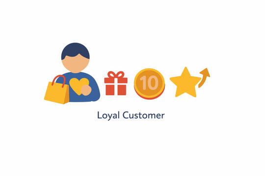 Loyal customer icon with shopper, gifts, coin, and star elements