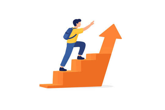 Young caucasian male climbs stairs with arrow symbolizing success and achievement