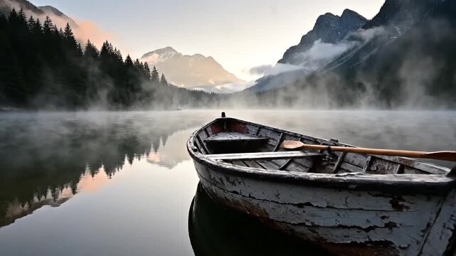Old wooden rowboat on misty mountain lake at dawn