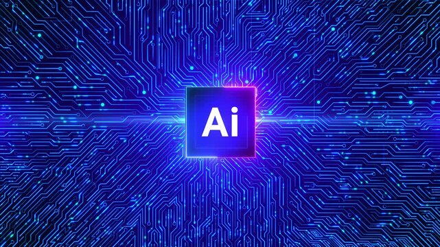 Digital artificial intelligence circuit board with glowing blue lines and central AI representing advanced technology and data processing