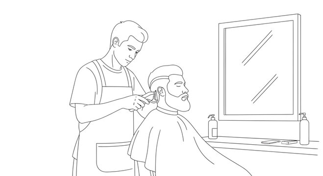 Barber cutting client's hair with electric trimmer in salon, mirror reflection