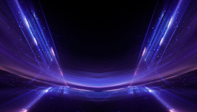 Wet asphalt, reflection of neon lights, a searchlight, smoke. Abstract light in a dark empty street with smoke, smog. Dark background scene of empty street, night view, night city.