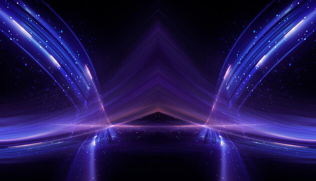 Wet asphalt, reflection of neon lights, a searchlight, smoke. Abstract light in a dark empty street with smoke, smog. Dark background scene of empty street, night view, night city.