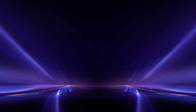 Wet asphalt, reflection of neon lights, a searchlight, smoke. Abstract light in a dark empty street with smoke, smog. Dark background scene of empty street, night view, night city.