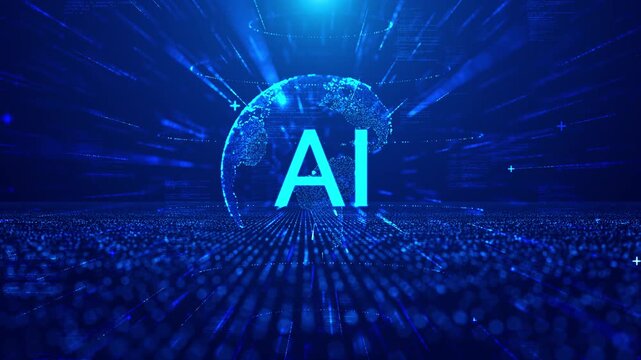 Digital globe with glowing AI text and abstract data streams in a futuristic blue technological background