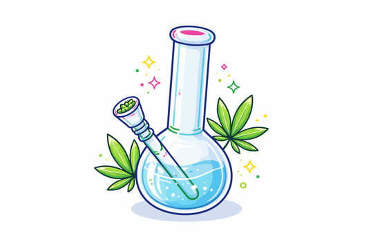 Cartoon style glass bong with cannabis leaves and sparkles