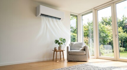 Fototapeta premium Air conditioning unit (various models) mounted on the wall, enhancing the comfort of the stylish living room adorned with greenery.