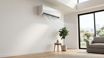 Fototapeta premium Air conditioning unit mounted on the wall, providing cooling air to a stylish living room with greenery and natural light.