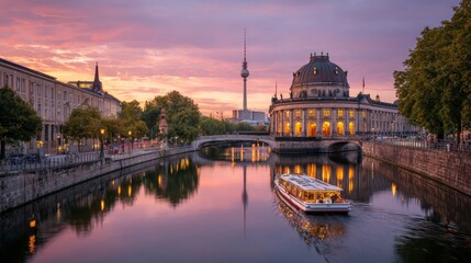Fototapeta premium Berlin downtown skyline featuring Museum Island, with a cityscape of Germany at sunset.
