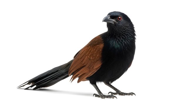Realistic Coucal Bird Perching Isolated on White Background for Wildlife Photography, Tropical Bird Species, Ornithology Study, Nature Observation, Detailed Feather Illustration