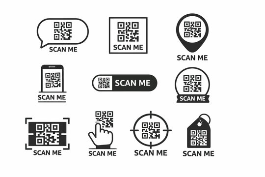 Various qr code icons with scan me labels in black and white design